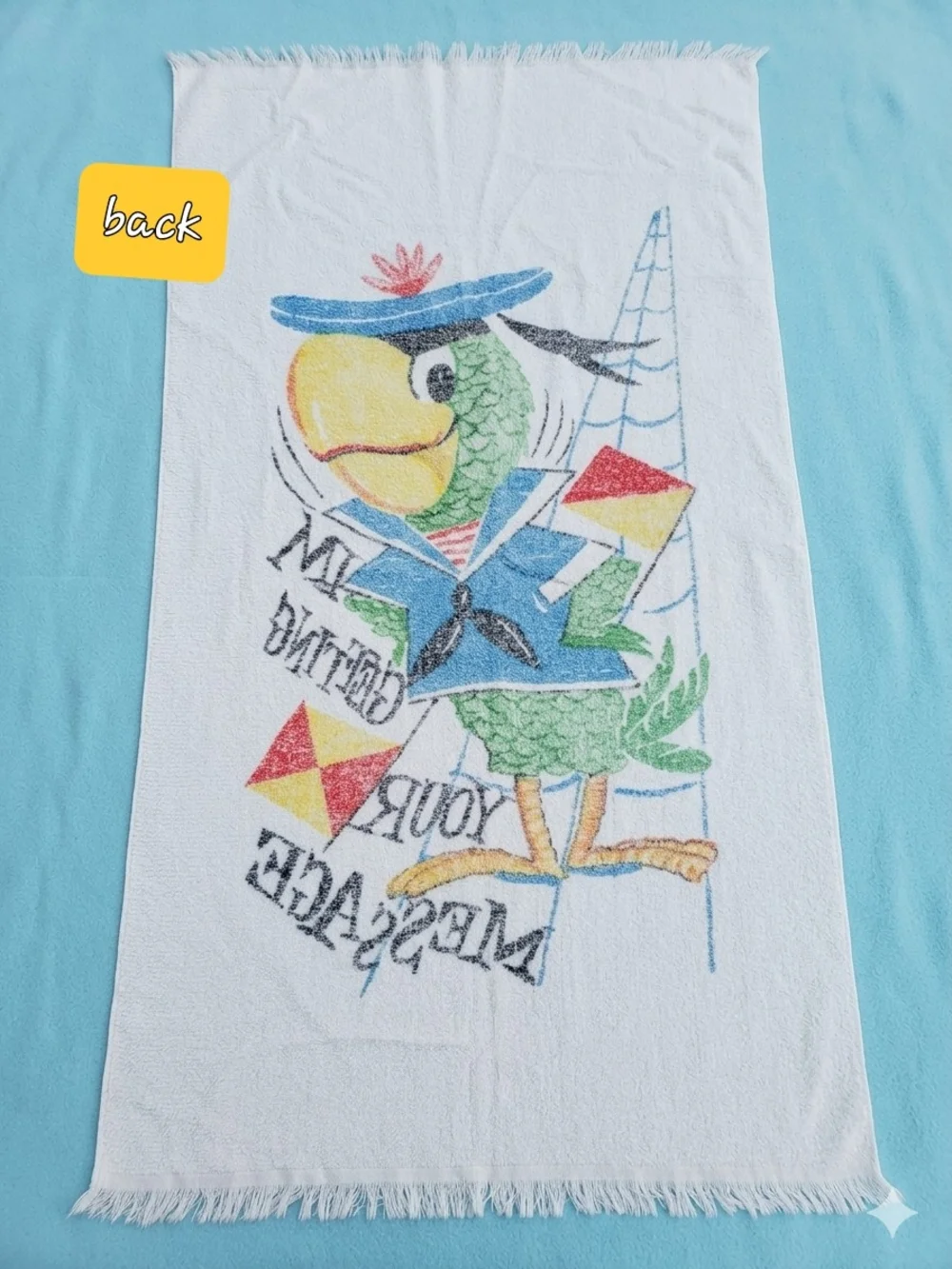 Rare Vintage 1960s Mid-Century Parrot Nautical Semaphore Terry Cloth Towel 28x51